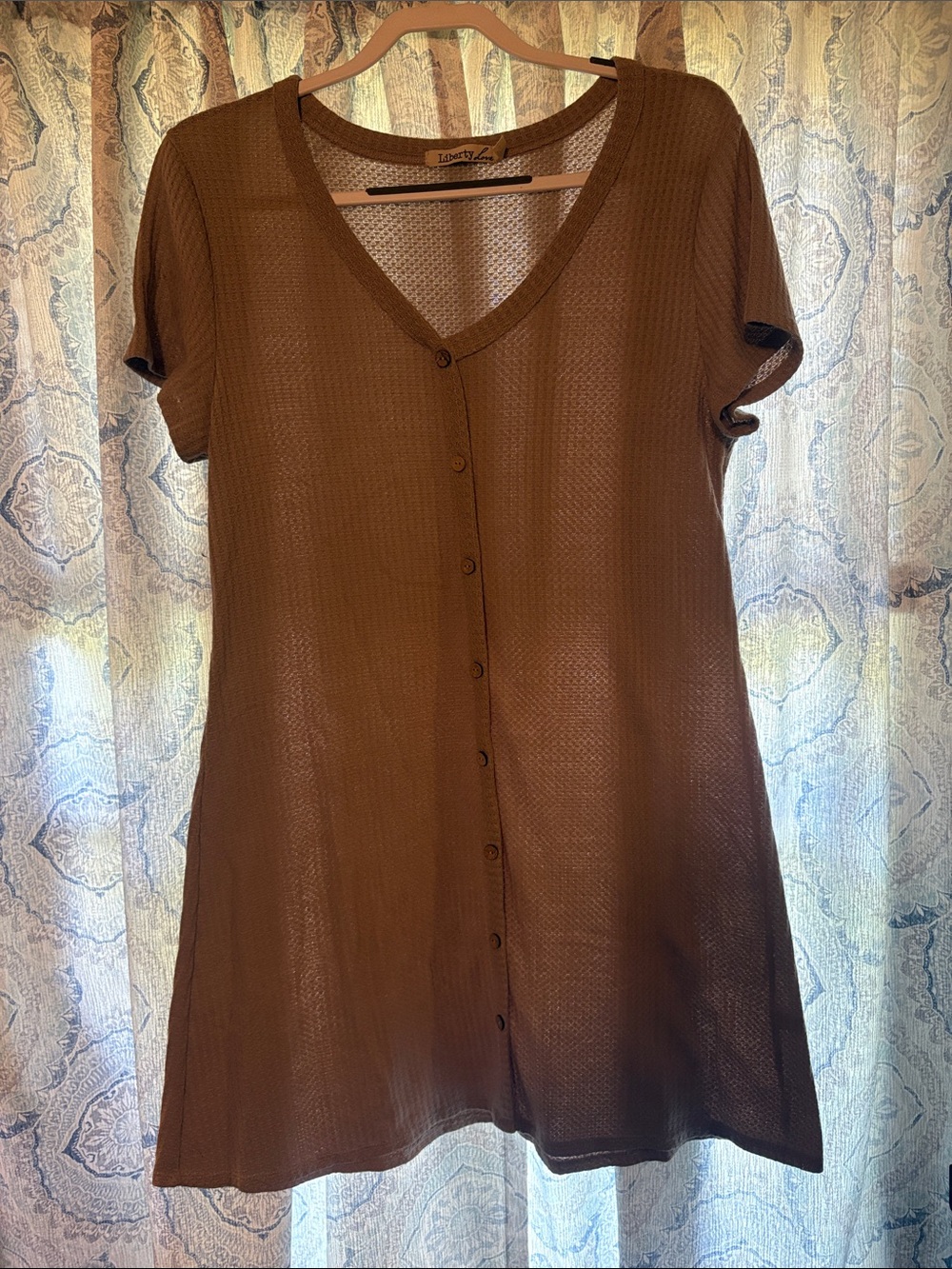 Liberty Love Brown Short Sleeve Button-Front V-Neck Top